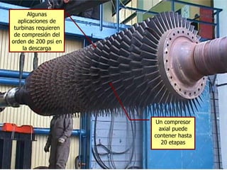 Un compresor
axial puede
contener hasta
20 etapas
Algunas
aplicaciones de
turbinas requieren
de compresión del
orden de 200 psi en
la descarga
 