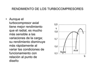 RENDIMIENTO DE LOS TURBOCOMPRESORES
• Aunque el
turbocompresor axial
tiene mejor rendimiento
que el radial, es mucho
más sensible a las
variaciones de la carga;
su rendimiento disminuye
más rápidamente al
variar las condiciones de
funcionamiento con
relación al punto de
diseño
 