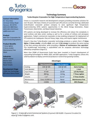 From the minds at




                                                             Technology Summary
                                  Turbo-Brayton Cryocoolers for High-Temperature Superconducting Systems
Contact Information
Dr. Tony Dietz               Creare is a successful research and development company providing innovative solutions for
16 Great Hollow Road         over 50 years. We have a history of successful spin-offs and are currently forming a dedicated
Hanover, NH 03755            turbo-Brayton cryocooler product company to seize significant High Temperature
(603) 643-3800 Main          Superconducting (HTS) systems opportunities in the Wind Energy Generation, Power
(603) 640-2310 Direct        Transmission, Data Center, and Naval Vessel industries.
ajd@creare.com               HTS systems are being developed to increase the efficiency and reduce the complexity in
                             wind turbines and data center cooling as well as for a variety of military and aerospace
Product                      applications. Today’s commercial cryocoolers (a key enabling component for deployment of
Next Gen Cryocoolers for     HTS systems) are inadequate: they are heavy, large, noisy, and require regular maintenance
Superconducting Systems
                             Creare’s 1kw-class Turbo-Brayton cryocooler technology produces a system that is 7 times
Product Benefits             lighter, 5 times smaller, virtually silent, and uses ½ the energy to produce the same cooling
7 times lighter              of the best existing alternative, while providing a lifetime of maintenance free operation.
5 times smaller              This breakthrough technology is unparalleled and far surpasses alternative technology
Maintenance Free             offered by competitors (Figure 2).
Silent                       More than $50M of Government funds have been invested in Creare's development of
                             cryocooling technologies for NASA, DOD, and DOE applications. Turbo Cryogenics utilizes this
Industries                   solid foundation to deploy commercial products in several fast-growing markets.
Wind Turbines
Electric Grid                                                        Advantages
Data Centers
Naval Vessels                                        Best Competitor        Turbo Cryogenics               TC Benefit
                              Cooling                  1kW @ 50K              1kW @ 50K                  Same Cooling
Development Stage             Units Needed                  3                      1                         1 Unit
>50M into Technology          Input Power                 47 kW                  26 kW                  1/2 the Power
@Product Demo Phase           Weight                      800 kg                 110 kg                 7 Times Lighter
                              Volume                       1 m3                  0.2 m3                 5 Times Smaller
                              Maintenance            Every 10,000 hrs             Never             Maintenance Free
                              Price                      >$300k                  <$250k              20% Cheaper




             Figure 1: It takes 3 Current Commercial Systems (Cryomech GM AL600 + Cryozone Circulator) to
             equal 1 Turbo Cryogenics unit.
 
