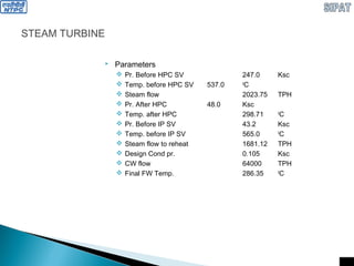 STEAM TURBINE
 Parameters
 Pr. Before HPC SV 247.0 Ksc
 Temp. before HPC SV 537.0 0
C
 Steam flow 2023.75 TPH
 Pr. After HPC 48.0 Ksc
 Temp. after HPC 298.71 0
C
 Pr. Before IP SV 43.2 Ksc
 Temp. before IP SV 565.0 0
C
 Steam flow to reheat 1681.12 TPH
 Design Cond pr. 0.105 Ksc
 CW flow 64000 TPH
 Final FW Temp. 286.35 0
C
 