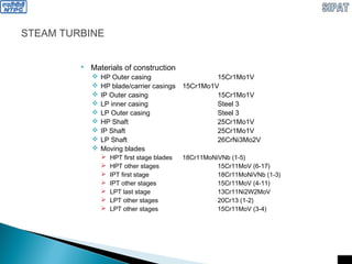 STEAM TURBINE
 Materials of construction
 HP Outer casing 15Cr1Mo1V
 HP blade/carrier casings 15Cr1Mo1V
 IP Outer casing 15Cr1Mo1V
 LP inner casing Steel 3
 LP Outer casing Steel 3
 HP Shaft 25Cr1Mo1V
 IP Shaft 25Cr1Mo1V
 LP Shaft 26CrNi3Mo2V
 Moving blades
 HPT first stage blades 18Cr11MoNiVNb (1-5)
 HPT other stages 15Cr11MoV (6-17)
 IPT first stage 18Cr11MoNiVNb (1-3)
 IPT other stages 15Cr11MoV (4-11)
 LPT last stage 13Cr11Ni2W2MoV
 LPT other stages 20Cr13 (1-2)
 LPT other stages 15Cr11MoV (3-4)
 