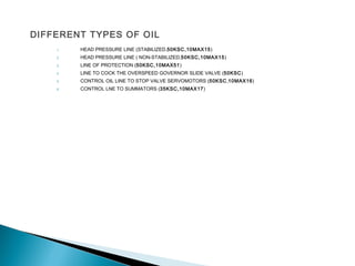 DIFFERENT TYPES OF OIL
1. HEAD PRESSURE LINE (STABILIZED,50KSC,10MAX15)
2. HEAD PRESSURE LINE ( NON-STABILIZED,50KSC,10MAX15)
3. LINE OF PROTECTION (50KSC,10MAX51)
4. LINE TO COCK THE OVERSPEED GOVERNOR SLIDE VALVE (50KSC)
5. CONTROL OIL LINE TO STOP VALVE SERVOMOTORS (50KSC,10MAX16)
6. CONTROL LNE TO SUMMATORS (35KSC,10MAX17)
 