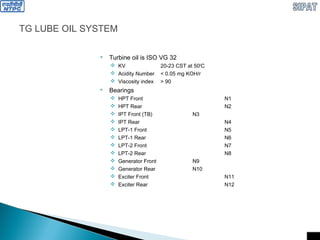 TG LUBE OIL SYSTEM
 Turbine oil is ISO VG 32
 KV 20-23 CST at 500
C
 Acidity Number < 0.05 mg KOH/r
 Viscosity index > 90
 Bearings
 HPT Front N1
 HPT Rear N2
 IPT Front (TB) N3
 IPT Rear N4
 LPT-1 Front N5
 LPT-1 Rear N6
 LPT-2 Front N7
 LPT-2 Rear N8
 Generator Front N9
 Generator Rear N10
 Exciter Front N11
 Exciter Rear N12
 