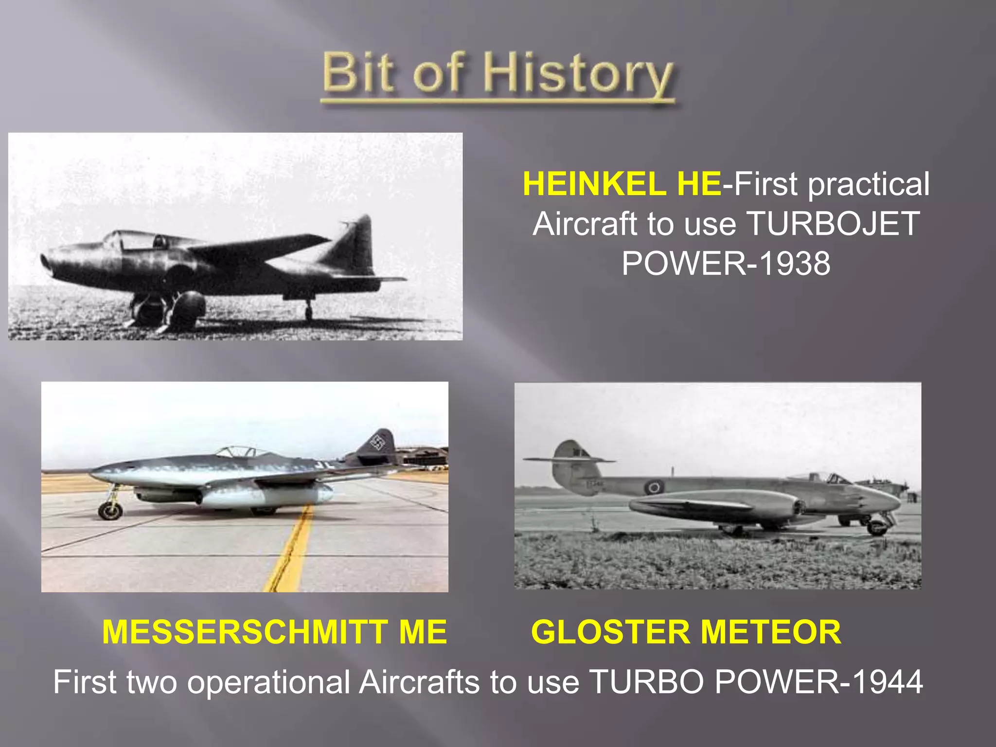 HEINKEL HE-First practical
Aircraft to use TURBOJET
POWER-1938
MESSERSCHMITT ME GLOSTER METEOR
First two operational Aircrafts to use TURBO POWER-1944