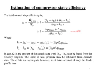 The total-to-total stage efﬁciency is,
Where
In eqn. (21), the amount of the actual stage work (h03 – h01) can be found from the
velocity diagram. The losses in total pressure may be estimated from cascade
data. These data are incomplete however, as it takes account of only the blade
proﬁle loss.
Estimation of compressor stage efﬁciency
..........(21)
14
 
