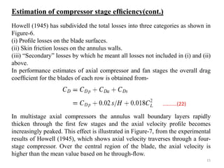 Howell (1945) has subdivided the total losses into three categories as shown in
Figure-6.
(i) Proﬁle losses on the blade surfaces.
(ii) Skin friction losses on the annulus walls.
(iii) “Secondary” losses by which he meant all losses not included in (i) and (ii)
above.
In performance estimates of axial compressor and fan stages the overall drag
coefﬁcient for the blades of each row is obtained from-
In multistage axial compressors the annulus wall boundary layers rapidly
thicken through the ﬁrst few stages and the axial velocity proﬁle becomes
increasingly peaked. This effect is illustrated in Figure-7, from the experimental
results of Howell (1945), which shows axial velocity traverses through a four-
stage compressor. Over the central region of the blade, the axial velocity is
higher than the mean value based on he through-ﬂow.
..........(22)
Estimation of compressor stage efﬁciency(cont.)
15
 