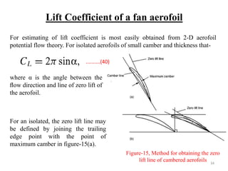 Lift Coefficient of a fan aerofoil
where α is the angle between the
ﬂow direction and line of zero lift of
the aerofoil.
For an isolated, the zero lift line may
be defined by joining the trailing
edge point with the point of
maximum camber in figure-15(a).
For estimating of lift coefficient is most easily obtained from 2-D aerofoil
potential flow theory. For isolated aerofoils of small camber and thickness that-
Figure-15, Method for obtaining the zero
lift line of cambered aerofoils
..........(40)
34
 