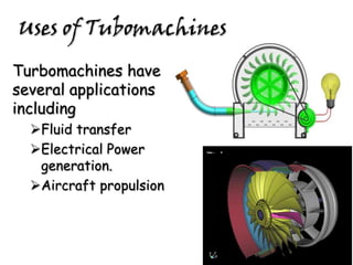 Uses of Tubomachines
Turbomachines have
several applications
including
Fluid transfer
Electrical Power
generation.
Aircraft propulsion