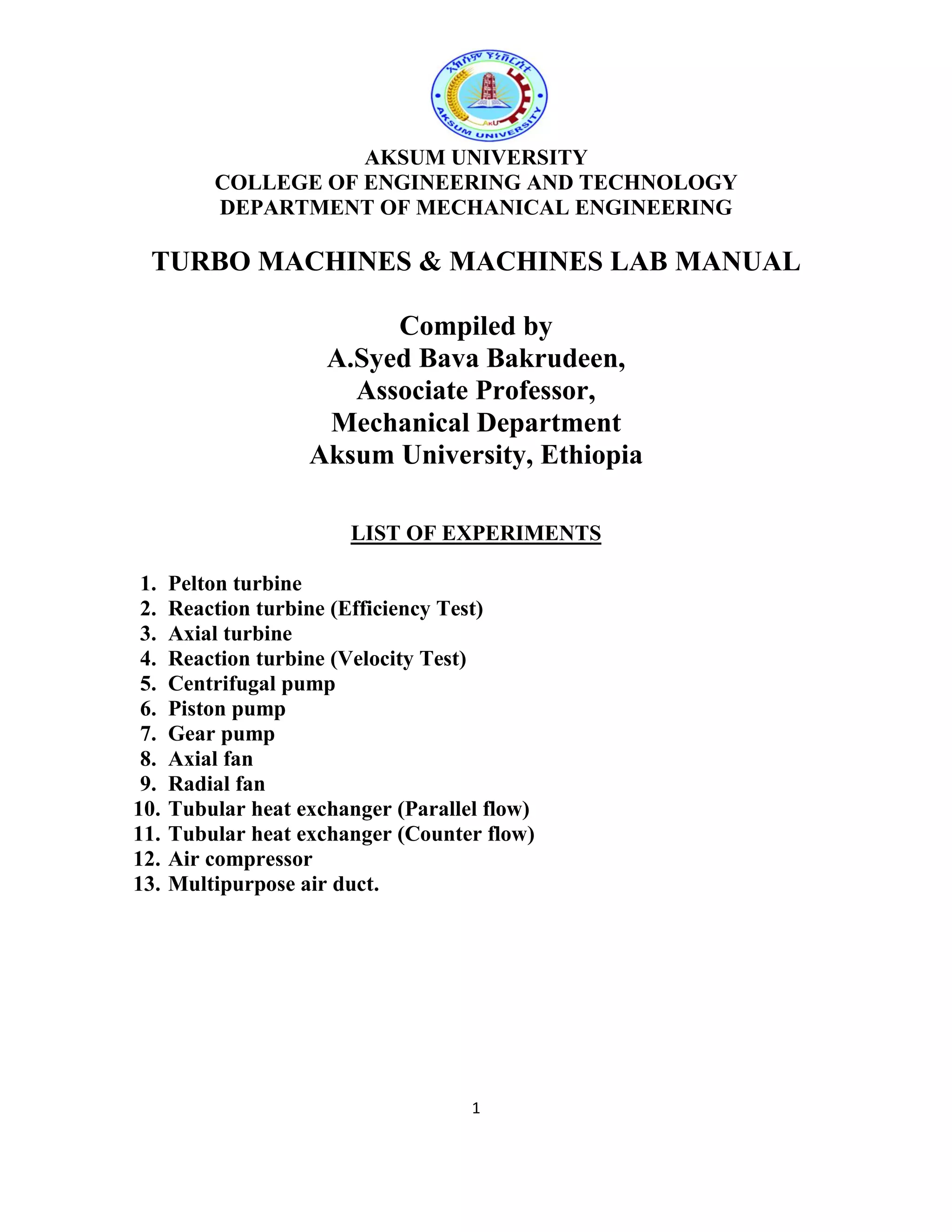 Turbo machines and machines lab manual PDF