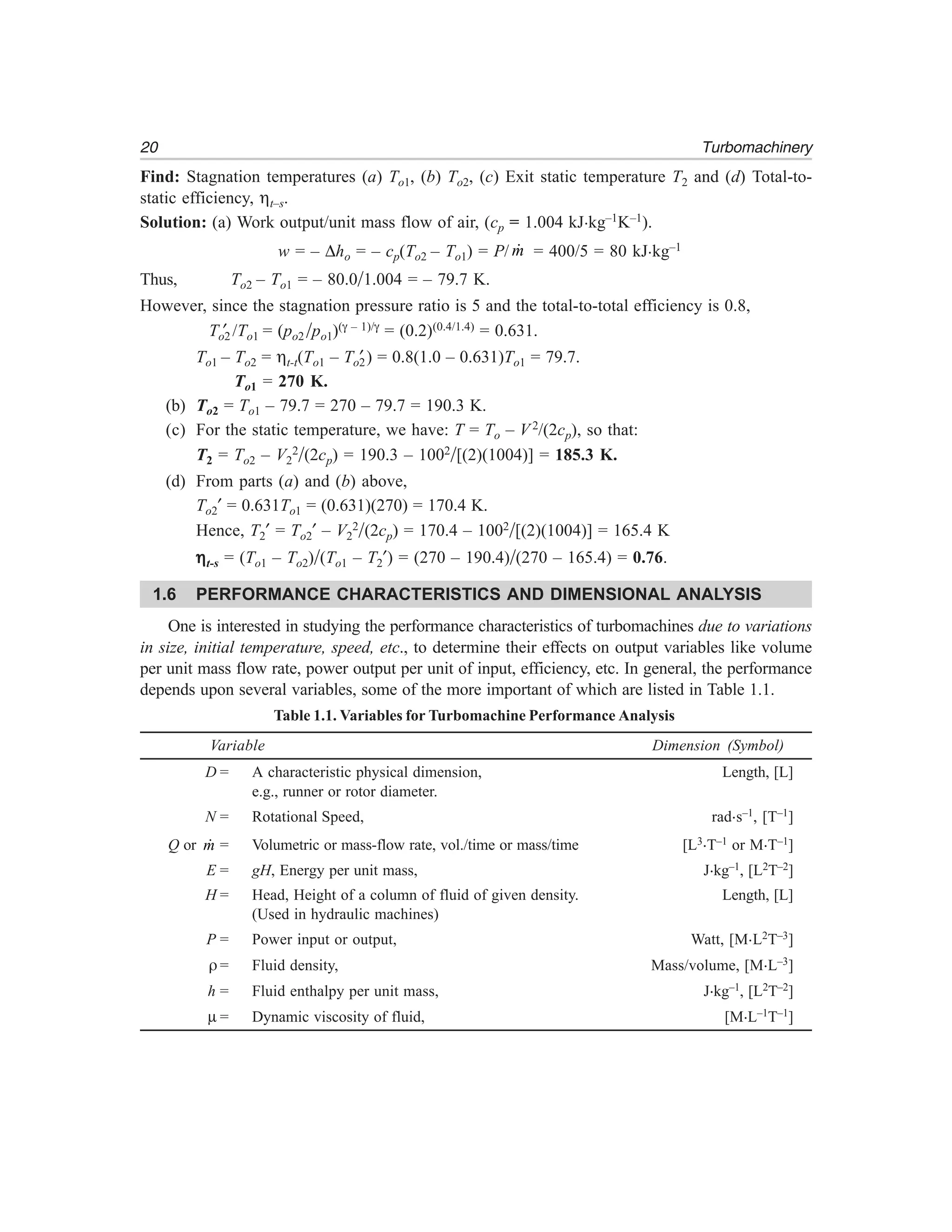 20 Turbomachinery
Find: Stagnation temperatures (a) To1, (b) To2, (c) Exit static temperature T2 and (d) Total-to-
static efficiency, ηt–s.
Solution: (a) Work output/unit mass flow of air, (cp = 1.004 kJ.kg–1K–1).
w = – ∆ho = – cp(To2 – To1) = P/ m = 400/5 = 80 kJ.kg–1
Thus, To2 – To1 = – 80.0/1.004 = – 79.7 K.
However, since the stagnation pressure ratio is 5 and the total-to-total efficiency is 0.8,
To2′ /To1 = (po2 /po1)(γ – 1)/γ = (0.2)(0.4/1.4) = 0.631.
To1 – To2 = ηt-t(To1 – To2′ ) = 0.8(1.0 – 0.631)To1 = 79.7.
To1 = 270 K.
(b) To2 = To1 – 79.7 = 270 – 79.7 = 190.3 K.
(c) For the static temperature, we have: T = To – V2/(2cp), so that:
T2 = To2 – V2
2
/(2cp) = 190.3 – 1002
/[(2)(1004)] = 185.3 K.
(d) From parts (a) and (b) above,
To2′ = 0.631To1 = (0.631)(270) = 170.4 K.
Hence, T2′ = To2′ – V2
2
/(2cp) = 170.4 – 1002
/[(2)(1004)] = 165.4 K
ηηηηηt-s = (To1 – To2)/(To1 – T2′) = (270 – 190.4)/(270 – 165.4) = 0.76.
1.6 PERFORMANCE CHARACTERISTICS AND DIMENSIONAL ANALYSIS
One is interested in studying the performance characteristics of turbomachines due to variations
in size, initial temperature, speed, etc., to determine their effects on output variables like volume
per unit mass flow rate, power output per unit of input, efficiency, etc. In general, the performance
depends upon several variables, some of the more important of which are listed in Table 1.1.
Table 1.1. Variables for Turbomachine Performance Analysis
Variable Dimension (Symbol)
D = A characteristic physical dimension, Length, [L]
e.g., runner or rotor diameter.
N = Rotational Speed, rad.s–1, [T–1]
Q or m = Volumetric or mass-flow rate, vol./time or mass/time [L3.T–1 or M.T–1]
E = gH, Energy per unit mass, J.kg–1, [L2T–2]
H = Head, Height of a column of fluid of given density. Length, [L]
(Used in hydraulic machines)
P = Power input or output, Watt, [M.L2T–3]
ρ = Fluid density, Mass/volume, [M.L–3]
h = Fluid enthalpy per unit mass, J.kg–1, [L2T–2]
µ = Dynamic viscosity of fluid, [M.L–1T–1]
 