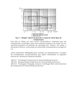 Fig. 4 – “Ranges” típicos de pressão e vazão de vários tipos de
compressores
Esse fato se reflete em suas curvas características: enquanto que nos
compressores centrífugos, para uma redução pequena na vazão, há um
aumento pequeno na pressão de descarga (ou “head”), nos axiais, a
elevação é brusca, como pode ser observado comparando-se as figuras 5
e 6.
Como importante bibliografia para consulta na especificação e compra
de compressores, recomendamos que sejam consultadas as seguintes
normas do “American Petroleum Institute”:
-API 617: “Centrifugal Compressors for General Refinery Services”
-API 618: “Reciprocating Compressors for General Refinery Services”
-API 672: “Packaged, Integrally, Geared, Centrifugal Plant and Instrument
Air Compressor for General Refinery Services”

 