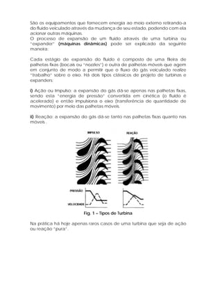 São os equipamentos que fornecem energia ao meio externo retirando-a
do fluido veiculado através da mudança de seu estado, podendo com ela
acionar outras máquinas.
O processo de expansão de um fluido através de uma turbina ou
“expander” (máquinas dinâmicas) pode ser explicado da seguinte
maneira:
Cada estágio de expansão do fluido é composto de uma fileira de
palhetas fixas (bocais ou “nozzles”) e outra de palhetas móveis que agem
em conjunto de modo a permitir que o fluxo do gás veiculado realize
“trabalho” sobre o eixo. Há dois tipos clássicos de projeto de turbinas e
expanders:
i) Ação ou Impulso: a expansão do gás dá-se apenas nas palhetas fixas,
sendo esta “energia de pressão” convertida em cinética (o fluido é
acelerado) e então impulsiona o eixo (transferência de quantidade de
movimento) por meio das palhetas móveis.
ii) Reação: a expansão do gás dá-se tanto nas palhetas fixas quanto nas
móveis .

Fig. 1 – Tipos de Turbina
Na prática há hoje apenas raros casos de uma turbina que seja de ação
ou reação “pura”.

 
