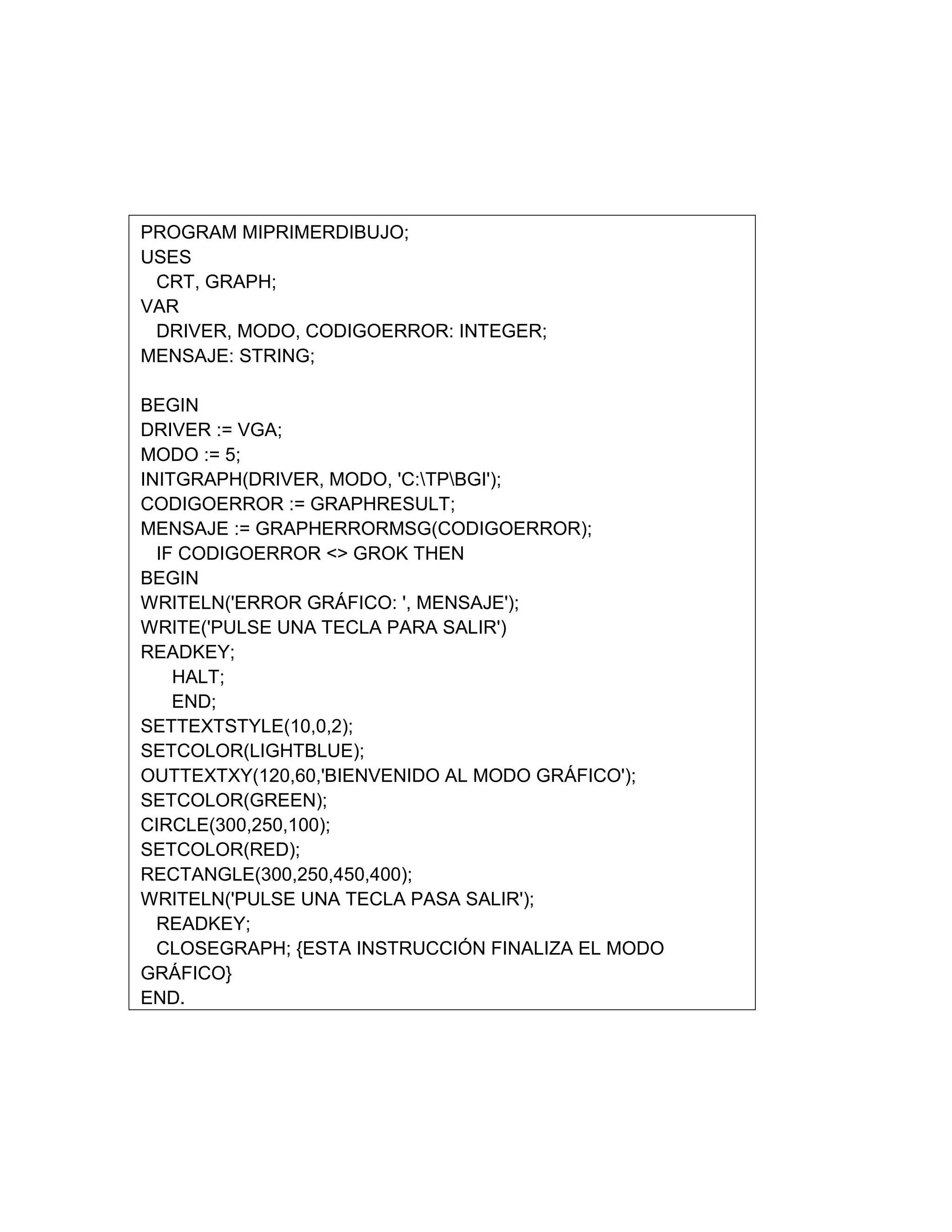 PROGRAM MIPRIMERDIBUJO;
USES
CRT, GRAPH;
VAR
DRIVER, MODO, CODIGOERROR: INTEGER;
MENSAJE: STRING;
BEGIN
DRIVER := VGA;
MODO := 5;
INITGRAPH(DRIVER, MODO, 'C:TPBGI');
CODIGOERROR := GRAPHRESULT;
MENSAJE := GRAPHERRORMSG(CODIGOERROR);
IF CODIGOERROR <> GROK THEN
BEGIN
WRITELN('ERROR GRÁFICO: ', MENSAJE');
WRITE('PULSE UNA TECLA PARA SALIR')
READKEY;
HALT;
END;
SETTEXTSTYLE(10,0,2);
SETCOLOR(LIGHTBLUE);
OUTTEXTXY(120,60,'BIENVENIDO AL MODO GRÁFICO');
SETCOLOR(GREEN);
CIRCLE(300,250,100);
SETCOLOR(RED);
RECTANGLE(300,250,450,400);
WRITELN('PULSE UNA TECLA PASA SALIR');
READKEY;
CLOSEGRAPH; {ESTA INSTRUCCIÓN FINALIZA EL MODO
GRÁFICO}
END.
 