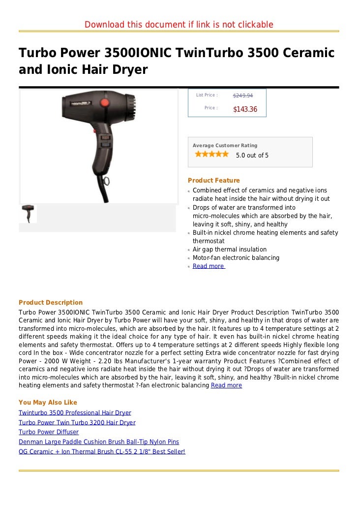 Turbo Power 3500 Ionic Twinturbo 3500 Ceramic And Ionic Hair Dryer