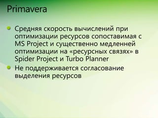 Сравнение Spider Project, MS Project + Turbo, Primavera + ПМСОФТ