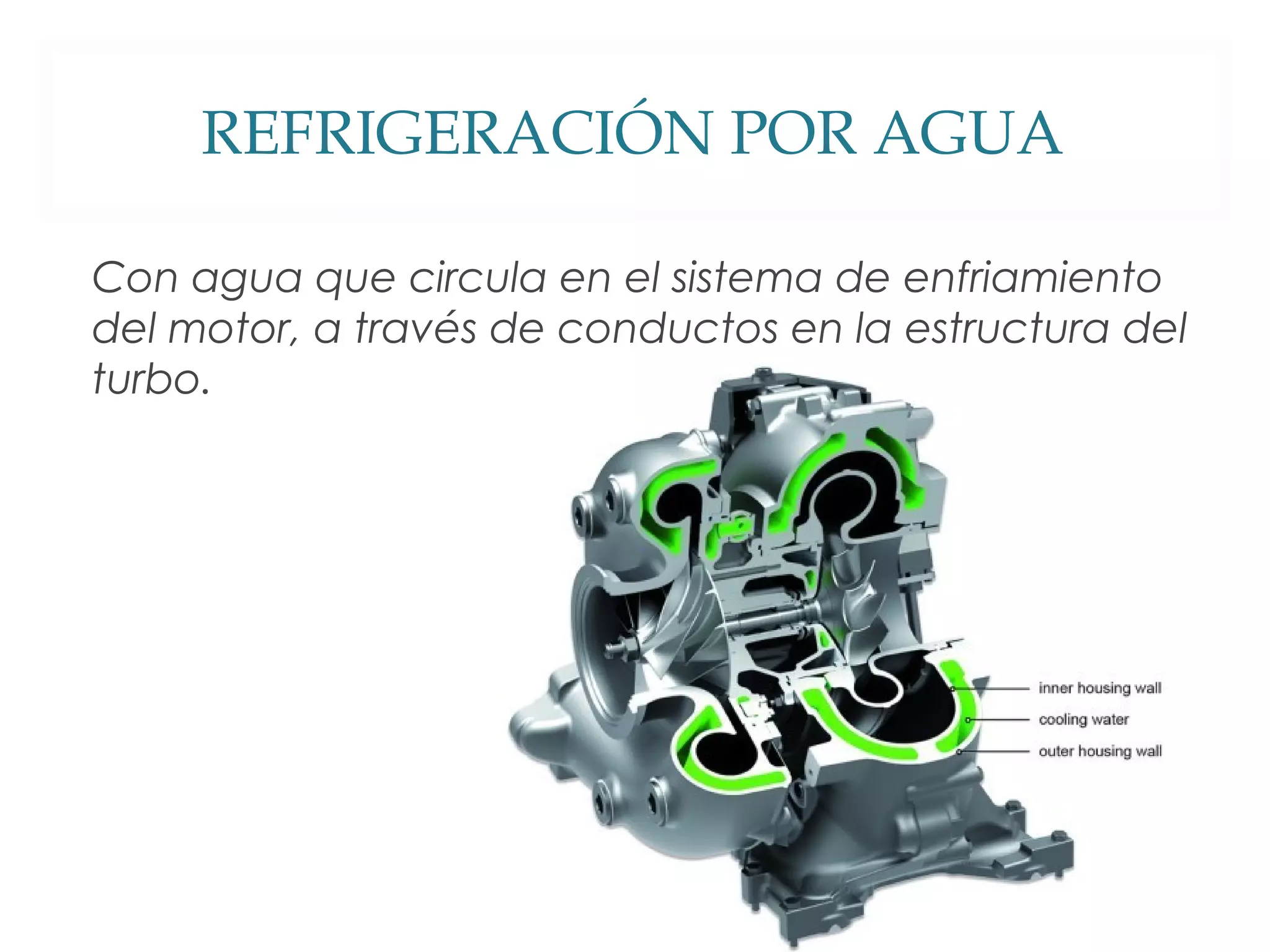 REFRIGERACIÓN POR AGUA 
Con agua que circula en el sistema de enfriamiento 
del motor, a través de conductos en la estructura del 
turbo. 
 