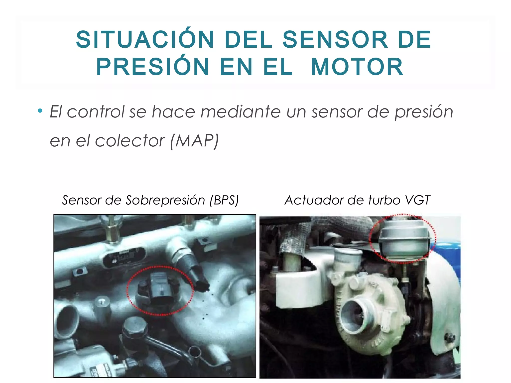 SITUACIÓN DEL SENSOR DE 
PRESIÓN EN EL MOTOR 
• El control se hace mediante un sensor de presión 
en el colector (MAP) 
Sensor de Sobrepresión (BPS) Actuador de turbo VGT 
 