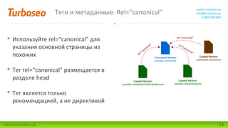 Теги и метаданные. Rel=“canonical”

www.turboseo.ua
info@turboseo.ua
0 800 509-600

 Используйте rel=“canonical” для
указания основной страницы из
похожих
 Тег rel=“canonical” размещается в
разделе head
 Тег является только
рекомендацией, а не директивой

www.turboseo.ua

14

 