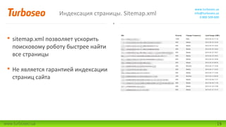 Индексация страницы. Sitemap.xml

www.turboseo.ua
info@turboseo.ua
0 800 509-600

 sitemap.xml позволяет ускорить
поисковому роботу быстрее найти
все страницы
 Не является гарантией индексации
страниц сайта

www.turboseo.ua

19

 
