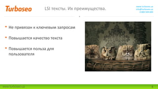LSI тексты. Их преимущества.

www.turboseo.ua
info@turboseo.ua
0 800 509-600

 Не привязан к ключевым запросам
 Повышается качество текста
 Повышается польза для
пользователя

www.turboseo.ua

6

 