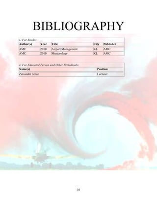 BIBLIOGRAPHY
1. For Books:
Author(s)

Year

Title

City

Publisher

AMC
AMC

2010
2010

Airport Management
Meteorology

KL
KL

AMC
AMC

4. For Educated Person and Other Periodicals:
Name(s)

Position

Zulianabt Ismail

Lecturer

16

 