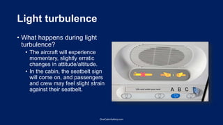Light turbulence
• What happens during light
turbulence?
• The aircraft will experience
momentary, slightly erratic
changes in attitude/altitude.
• In the cabin, the seatbelt sign
will come on, and passengers
and crew may feel slight strain
against their seatbelt.
OneCabinSafety.com
 