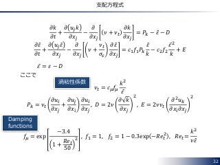 32
支配方程式
𝜕𝑘
𝜕𝑡
+
𝜕 𝑢𝑗 𝑘
𝜕𝑥𝑗
−
𝜕
𝜕𝑥𝑗
𝜈 + 𝜈𝑡
𝜕𝑘
𝜕𝑥𝑗
= 𝑃𝑘 − 𝜀 − 𝐷
𝜕𝜀
𝜕𝑡
+
𝜕 𝑢𝑗 𝜀
𝜕𝑥𝑗
−
𝜕
𝜕𝑥𝑗
𝜈 +
𝜈𝑡
𝜎𝜀
𝜕𝜀
𝜕𝑥𝑗
= 𝑐1 𝑓1 𝑃𝑘
𝜀
𝑘
− 𝑐2 𝑓2
𝜀2
𝑘
+ 𝐸
ここで
𝜈𝑡 = 𝑐 𝜇 𝑓𝜇
𝑘2
𝜀
𝑃𝑘 = 𝜈𝑡
𝜕𝑢𝑖
𝜕𝑥𝑗
+
𝜕𝑢𝑗
𝜕𝑥𝑖
𝜕𝑢𝑖
𝜕𝑥𝑗
, 𝐷 = 2𝜈
𝜕 𝑘
𝜕𝑥𝑗
2
, 𝐸 = 2𝜈𝜈𝑡
𝜕2 𝑢 𝑘
𝜕𝑥𝑖 𝜕𝑥𝑗
2
𝑓𝜇 = exp
−3.4
1 +
𝑅𝑒𝑡
50
2 , 𝑓1 = 1, 𝑎𝑓2 = 1 − 0.3exp −𝑅𝑒𝑡
2
, 𝑅𝑒𝑡 =
𝑘2
𝜈𝜀
渦粘性係数
Damping
functions
𝜀 = 𝜀 − 𝐷
 