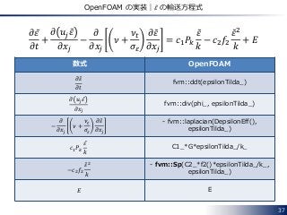 37
OpenFOAM の実装｜𝜀 の輸送方程式
𝜕𝜀
𝜕𝑡
+
𝜕 𝑢𝑗 𝜀
𝜕𝑥𝑗
−
𝜕
𝜕𝑥𝑗
𝜈 +
𝜈𝑡
𝜎𝜀
𝜕𝜀
𝜕𝑥𝑗
= 𝑐1 𝑃𝑘
𝜀
𝑘
− 𝑐2 𝑓2
𝜀2
𝑘
+ 𝐸
数式 OpenFOAM
𝜕𝜀
𝜕𝑡
fvm::ddt(epsilonTilda_)
𝜕 𝑢𝑗 𝜀
𝜕𝑥𝑗
fvm::div(phi_, epsilonTilda_)
−
𝜕
𝜕𝑥𝑗
𝜈 +
𝜈𝑡
𝜎𝜀
𝜕𝜀
𝜕𝑥𝑗
- fvm::laplacian(DepsilonEff(),
epsilonTilda_)
𝑐1 𝑃𝑘
𝜀
𝑘
C1_*G*epsilonTilda_/k_
−𝑐2 𝑓2
𝜀2
𝑘
- fvm::Sp(C2_*f2()*epsilonTilda_/k_,
epsilonTilda_)
𝐸 E
 