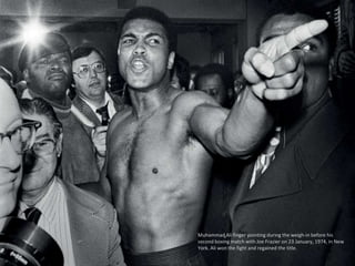 Muhammad Ali finger-pointing during the weigh-in before his 
second boxing match with Joe Frazier on 23 January, 1974, in ...