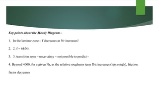 Key points about the Moody Diagram –
1. In the laminar zone – f decreases as Nr increases!
2. 2. f = 64/Nr.
3. 3. transition zone – uncertainty – not possible to predict -
4. Beyond 4000, for a given Nr, as the relative roughness term D/ε increases (less rough), friction
factor decreases
 