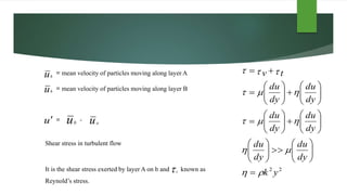 ub
ub
u
= mean velocity of particles moving along layer A
= mean velocity of particles moving along layer B
= -
Shear stress in turbulent flow
It is the shear stress exerted by layer A on b and known as
Reynold’s stress.
uaub
22
yk
dy
du
dy
du
dy
du
dy
du
dy
du
dy
du
tv













































t
 