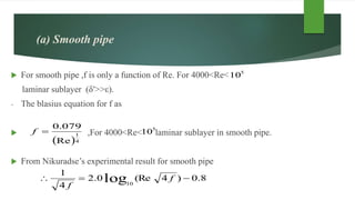 (a) Smooth pipe
 For smooth pipe ,f is only a function of Re. For 4000<Re<
laminar sublayer (δ′>>ε).
- The blasius equation for f as
 ,For 4000<Re< laminar sublayer in smooth pipe.
 From Nikuradse’s experimental result for smooth pipe
5
10
 4
1
Re
079.0
f 5
10
8.0)4(Re0.2
4
1
log10
 f
f
 
