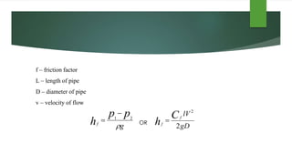 f – friction factor
L – length of pipe
D – diameter of pipe
v – velocity of flow
OR
g
pp
hf

21


gD
lVC
h
f
f
2
2

 