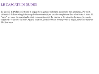 LE CASCATE DI DUDEN
Le cascate di Duden sono fiumi di acqua che si gettano nel mare, cosa molto rara al mondo. Per molti
chilometri il fiume viaggia in una galleria sotterranea poi esce in una pianura fino ad arrivare al mare. Il
“salto” nel mare ha un dislivello di circa quaranta metri. Le cascate si dividono in due rami: le cascate
superiori e le cascate inferiori. Quelle inferiori, cioè quelle con meno portata d’acqua, si tuffano nel mar
Mediterraneo.
 