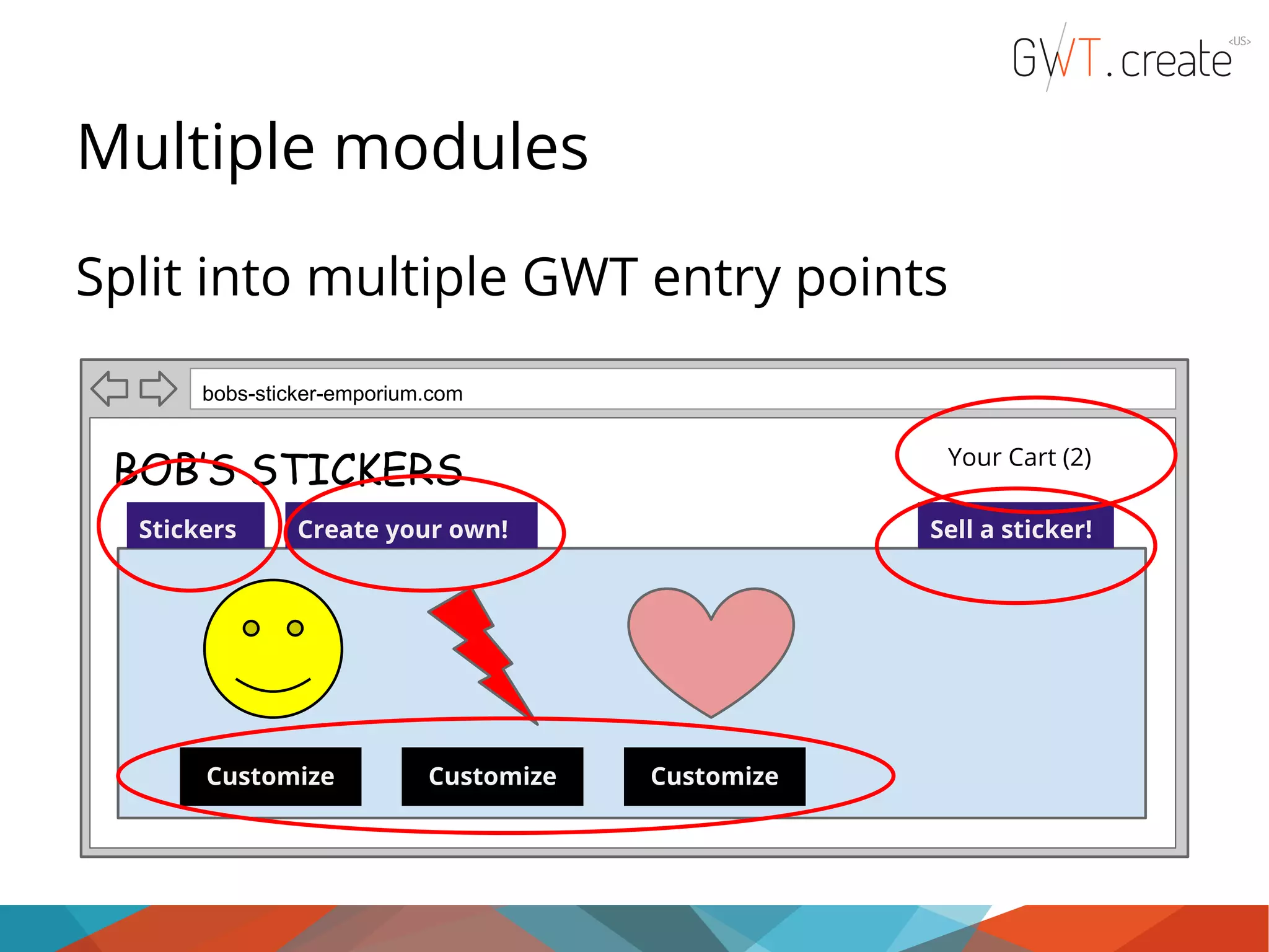 Multiple modules Split into multiple GWT entry points bobs-sticker-emporium.com Your Cart (2) BOB’S STICKERS Stickers Create your own! BUY! Customize BUY! Customize Sell a sticker! BUY! Customize 