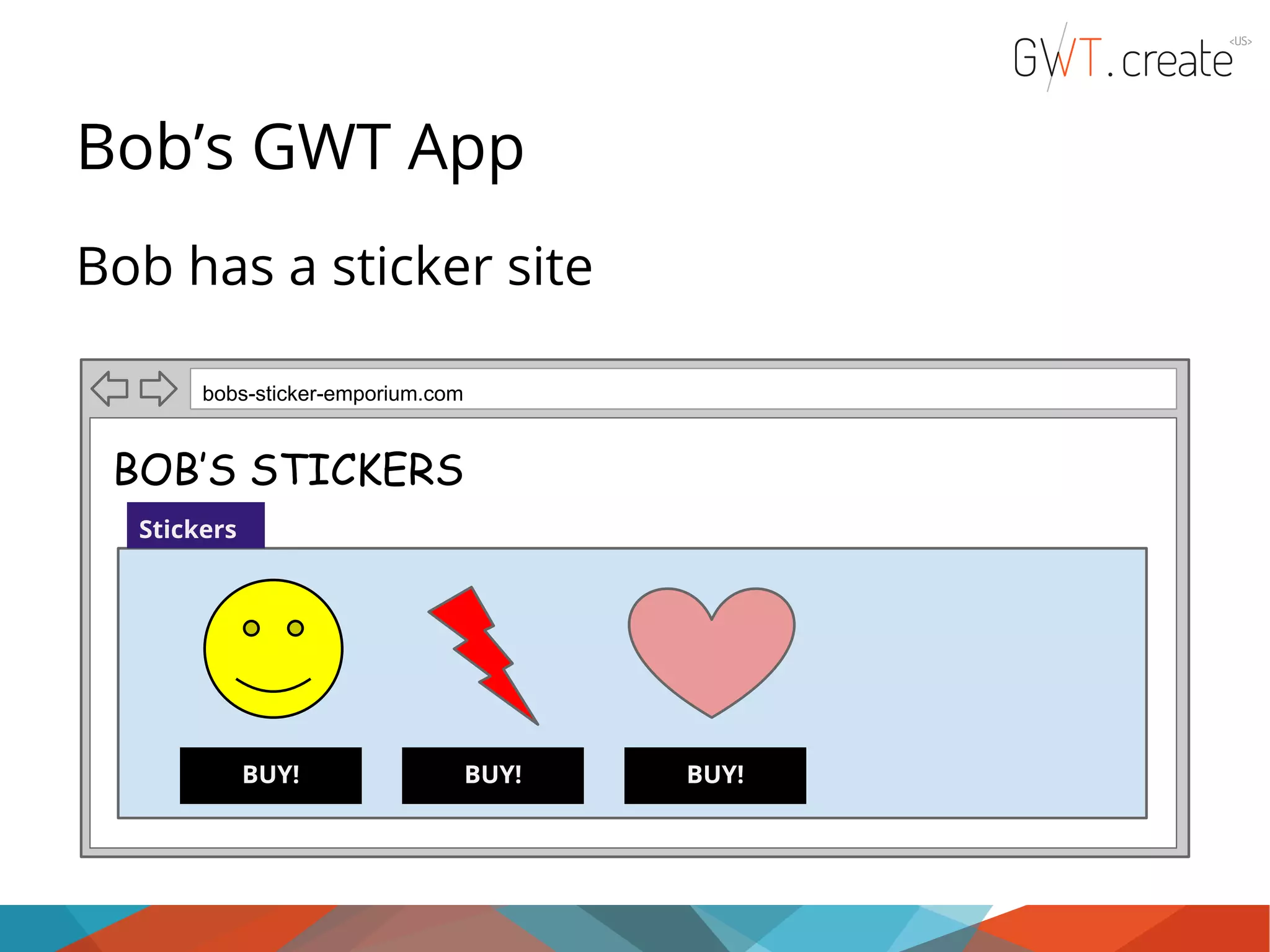 Bob’s GWT App Bob has a sticker site bobs-sticker-emporium.com BOB’S STICKERS Stickers BUY! BUY! BUY! 
