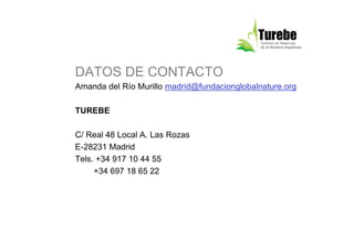 DATOS DE CONTACTO
Amanda del Río Murillo madrid@fundacionglobalnature.org

TUREBE

C/ Real 48 Local A. Las Rozas
E-28231 Madrid
Tels. +34 917 10 44 55
     +34 697 18 65 22
 