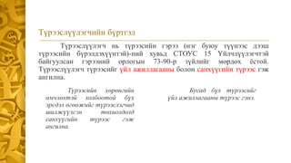 Түрээслүүлэгчийн бүртгэл
Түрээслүүлэгч нь түрээсийн гэрээ (нэг буюу түүнээс дээш
түрээсийн бүрэлдэхүүнтэй)-ний хувьд СТОУС 15 Үйлчлүүлэгчтэй
байгуулсан гэрээний орлогын 73-90-р зүйлийг мөрдөх ёстой.
Түрээслүүлэгч түрээсийг үйл ажиллагааны болон санхүүгийн түрээс гэж
ангилна.
Түрээсийн хөрөнгийн
өмчлөхтэй холбоотой бүх
эрсдэл өгөөжийг түрээслэгчид
шилжүүлсэн тохиолдолд
санхүүгийн түрээс гэж
ангилна.
Бусад бүх түрээсийг
үйл ажиллагааны түрээс гэнэ.
 