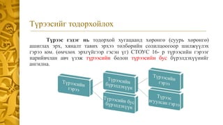 Түрээсийг тодорхойлох
Түрээс гэдэг нь тодорхой хугацаанд хөрөнгө (суурь хөрөнгө)
ашиглах эрх, хяналт тавих эрхээ төлбөрийн солилцоогоор шилжүүлэх
гэрээ юм. (өмчлөх эрхгүйгээр гэсэн үг) СТОУС 16- р түрээсийн гэрээг
нарийвчлан авч үзэж түрээсийн болон түрээсийн бус бүрэлдэхүүнийг
ангилна.
 