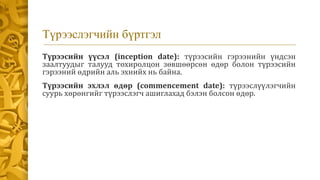 Түрээслэгчийн бүртгэл
Түрээсийн үүсэл (inception date): түрээсийн гэрээнийн үндсэн
заалтуудыг талууд тохиролцон зөвшөөрсөн өдөр болон түрээсийн
гэрээний өдрийн аль эхнийх нь байна.
Түрээсийн эхлэл өдөр (commencement date): түрээслүүлэгчийн
суурь хөрөнгийг түрээслэгч ашиглахад бэлэн болсон өдөр.
 