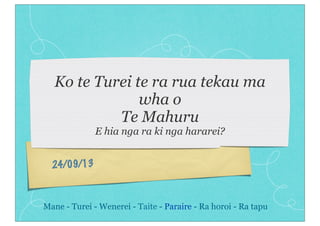 24/09/13
Ko te Turei te ra rua tekau ma
wha o
Te Mahuru
E hia nga ra ki nga hararei?
Mane - Turei - Wenerei - Taite - Paraire - Ra horoi - Ra tapu
 