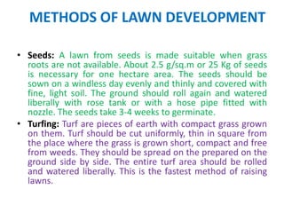 METHODS OF LAWN DEVELOPMENT
• Seeds: A lawn from seeds is made suitable when grass
roots are not available. About 2.5 g/sq.m or 25 Kg of seeds
is necessary for one hectare area. The seeds should be
sown on a windless day evenly and thinly and covered with
fine, light soil. The ground should roll again and watered
liberally with rose tank or with a hose pipe fitted with
nozzle. The seeds take 3-4 weeks to germinate.
• Turfing: Turf are pieces of earth with compact grass grown
on them. Turf should be cut uniformly, thin in square from
the place where the grass is grown short, compact and free
from weeds. They should be spread on the prepared on the
ground side by side. The entire turf area should be rolled
and watered liberally. This is the fastest method of raising
lawns.
 