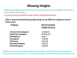 Mowing Heights
 Lawn can only be mowed once per week in peak growth periods.
 Mowing a turfgrass plant too low or even too high will stress the turfgrass and create a
lower quality stand of grass.
Table 2. Recommended Mowing‐height Range for the Different Turfgrasses Used in
Home Lawns.
Turfgrass Recommended
Height (inches)
Common Bermudagrass 1.5 to 2.5
Hybrid Bermudagrass 0.75 to 1.5
Buffalograss* 2 to 3
Zoysiagrass 1 to 2.5
Tall fescue 2 to 3.5
Kentucky bluegrass 2 to 3.5
Hybrid bluegrass 2 to 3.5
*Buffalo grass can actually be mowed at a much higher cut if the homeowner so desires.
Just remember that the lower it is cut, the more often it will have to be watered and mowed.
 