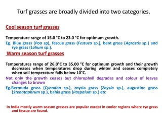 Turf grasses are broadly divided into two categories.
Cool season turf grasses
Temperature range of 15.0 °C to 23.0 °C for optimum growth.
Eg. Blue grass (Poa sp), fescue grass (Festuca sp.), bent grass (Agrostis sp.) and
rye grass (Lolium sp.).
Warm season turf grasses
Temperatures range of 26.0°C to 35.00 °C for optimum growth and their growth
decreases when temperatures drop during winter and ceases completely
when soil temperature falls below 10°C.
Not only the growth ceases but chlorophyll degrades and colour of leaves
changes to brown
Eg.Bermuda grass (Cynodon sp.), zoysia grass (Zoysia sp.), augustine grass
(Stenotaphrum sp.), bahia grass (Paspalum sp.) etc
In India mostly warm season grasses are popular except in cooler regions where rye grass
and fescue are found.
 