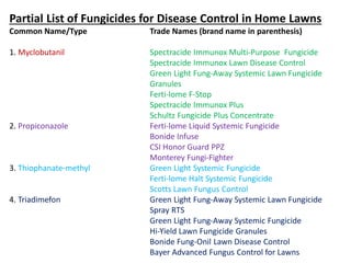 Partial List of Fungicides for Disease Control in Home Lawns
Common Name/Type Trade Names (brand name in parenthesis)
1. Myclobutanil Spectracide Immunox Multi‐Purpose Fungicide
Spectracide Immunox Lawn Disease Control
Green Light Fung‐Away Systemic Lawn Fungicide
Granules
Ferti‐lome F‐Stop
Spectracide Immunox Plus
Schultz Fungicide Plus Concentrate
2. Propiconazole Ferti‐lome Liquid Systemic Fungicide
Bonide Infuse
CSI Honor Guard PPZ
Monterey Fungi‐Fighter
3. Thiophanate‐methyl Green Light Systemic Fungicide
Ferti‐lome Halt Systemic Fungicide
Scotts Lawn Fungus Control
4. Triadimefon Green Light Fung‐Away Systemic Lawn Fungicide
Spray RTS
Green Light Fung‐Away Systemic Fungicide
Hi‐Yield Lawn Fungicide Granules
Bonide Fung‐Onil Lawn Disease Control
Bayer Advanced Fungus Control for Lawns
 