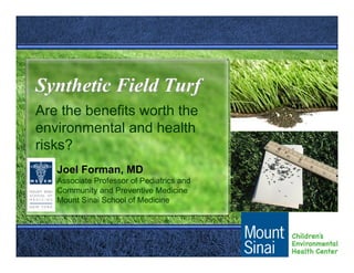 Synthetic Field Turf
Are the benefits worth the
environmental and health
risks?
   Joel Forman, MD
   Associate Professor of Pediatrics and
   Community and Preventive Medicine
   Mount Sinai School of Medicine
 