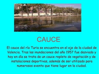 CAUCE
El cauce del río Turia se encuentra en el eje de la ciudad de
Valencia. Tras las inundaciones del año 1957 fue desviado y
 hoy en día se trata de un cauce repleto de vegetación y de
   instalaciones deportivas, además de ser utilizado para
       numerosos evento que tiene lugar en la ciudad.
 