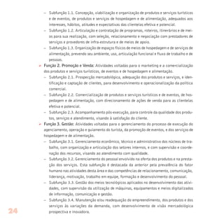 – Subfunção 1.1. Concepção, viabilização e organização de produtos e serviços turísticos
e de eventos, de produtos e serviços de hospedagem e de alimentação, adequados aos
interesses, hábitos, atitudes e expectativas das clientelas efetiva e potencial.
– Subfunção 1.2. Articulação e contratação de programas, roteiros, itinerários e de mei-
os para sua realização, com seleção, relacionamento e negociação com prestadores de
serviços e provedores de infra-estrutura e de meios de apoio.
– Subfunção 1.3. Organização de espaços físicos de meios de hospedagem e de serviços de
alimentação, prevendo seu ambiente, uso, articulação funcional e fluxo de trabalho e de
pessoas.
Ø Função 2. Promoção e Venda: Atividades voltadas para o marketing e a comercialização
dos produtos e serviços turísticos, de eventos e de hospedagem e alimentação.
– Subfunção 2.1. Prospecção mercadológica, adequação dos produtos e serviços, e iden-
tificação e captação de clientes, para desenvolvimento e operacionalização da política
comercial.
– Subfunção 2.2. Comercialização de produtos e serviços turísticos e de eventos, de hos-
pedagem e de alimentação, com direcionamento de ações de venda para as clientelas
efetiva e potencial.
– Subfunção 2.3. Acompanhamento pós-execução, para controle da qualidade dos produ-
tos, serviços e atendimento, visando à satisfação do cliente.
Ø Função 3. Gestão: Atividades voltadas para o gerenciamento do processo de execução do
agenciamento, operação e guiamento do turista, da promoção de eventos, e dos serviços de
hospedagem e de alimentação.
– Subfunção 3.1. Gerenciamento econômico, técnico e administrativo dos núcleos de tra-
balho, com organização e articulação dos setores internos, e com supervisão e coorde-
nação dos recursos, visando ao atendimento com qualidade.
– Subfunção 3.2. Gerenciamento do pessoal envolvido na oferta dos produtos e na presta-
ção dos serviços. Esta subfunção é destacada da anterior pela prevalência do fator
humano nas atividades desta área e das competências de relacionamento, comunicação,
liderança, motivação, trabalho em equipe, formação e desenvolvimento do pessoal.
– Subfunção 3.3. Gestão dos meios tecnológicos aplicados no desenvolvimento das ativi-
dades, com supervisão da utilização de máquinas, equipamentos e meios digitalizados
de informação, comunicação e gestão.
– Subfunção 3.4. Manutenção e/ou readequação do empreendimento, dos produtos e dos
serviços às variações da demanda, com desenvolvimento de visão mercadológica
prospectiva e inovadora.24
 