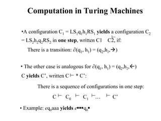 Computation in Turing Machines
•A configuration C1 = LS1q1h1RS1 yields a configuration C2
= LS2h2q2RS2 in one step, written C1 C2, if:
There is a transition: (q1, h1) = (q2,h2,)

C yields C’, written C * C’:

There is a sequence of configurations in one step:
C C0 C1 … C’




• The other case is analogous for (q1, h1) = (q2,h2,)
• Example: eq0aaa yields eq0
 