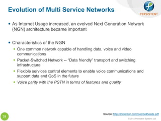 Evolution of Multi Service Networks

      As Internet Usage increased, an evolved Next Generation Network
       (NGN) architecture became important

      Characteristics of the NGN
        One common network capable of handling data, voice and video
         communications
        Packet-Switched Network -- “Data friendly” transport and switching
         infrastructure
        Flexible services control elements to enable voice communications and
         support data and QoS in the future
        Voice parity with the PSTN in terms of features and quality




                                                          Source: http://tmdenton.com/pub/bellheads.pdf
33
                                                                              © 2012 Persistent Systems Ltd
 